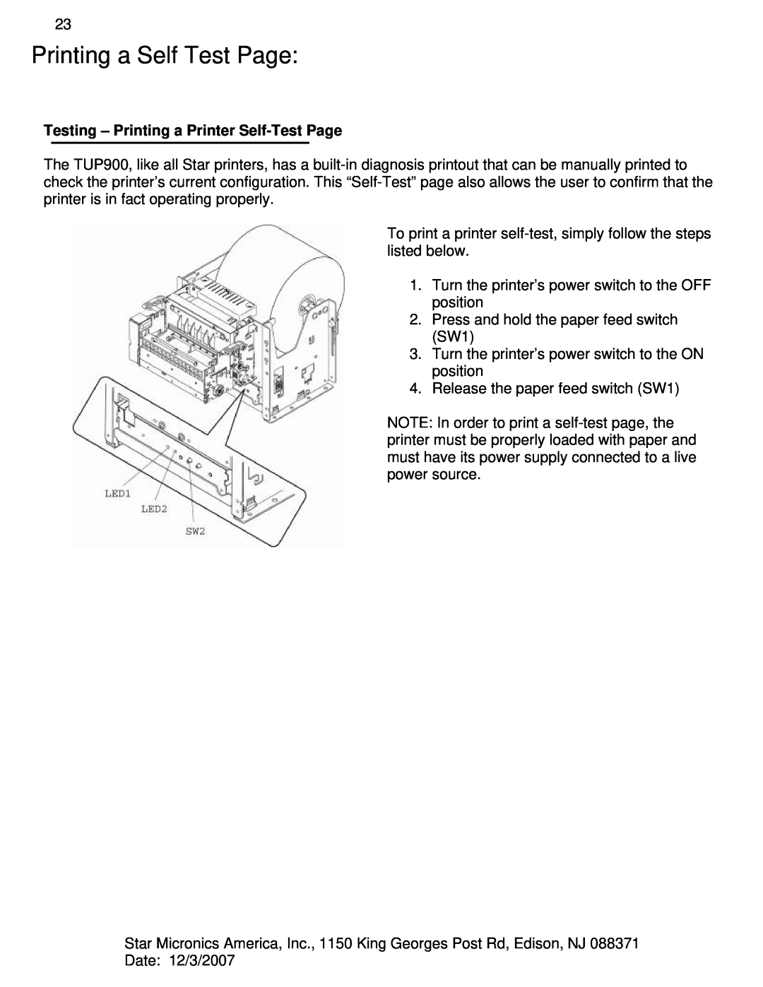 Star Micronics TUP992, TUP942 manual Printing a Self Test Page, Testing - Printing a Printer Self-Test Page 