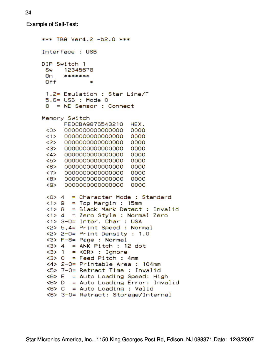 Star Micronics TUP942, TUP992 manual Example of Self-Test 