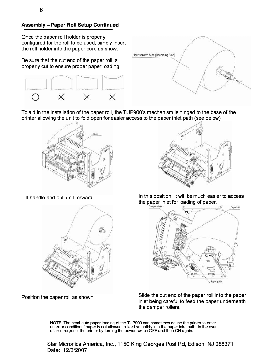 Star Micronics TUP942, TUP992 manual Assembly - Paper Roll Setup Continued 