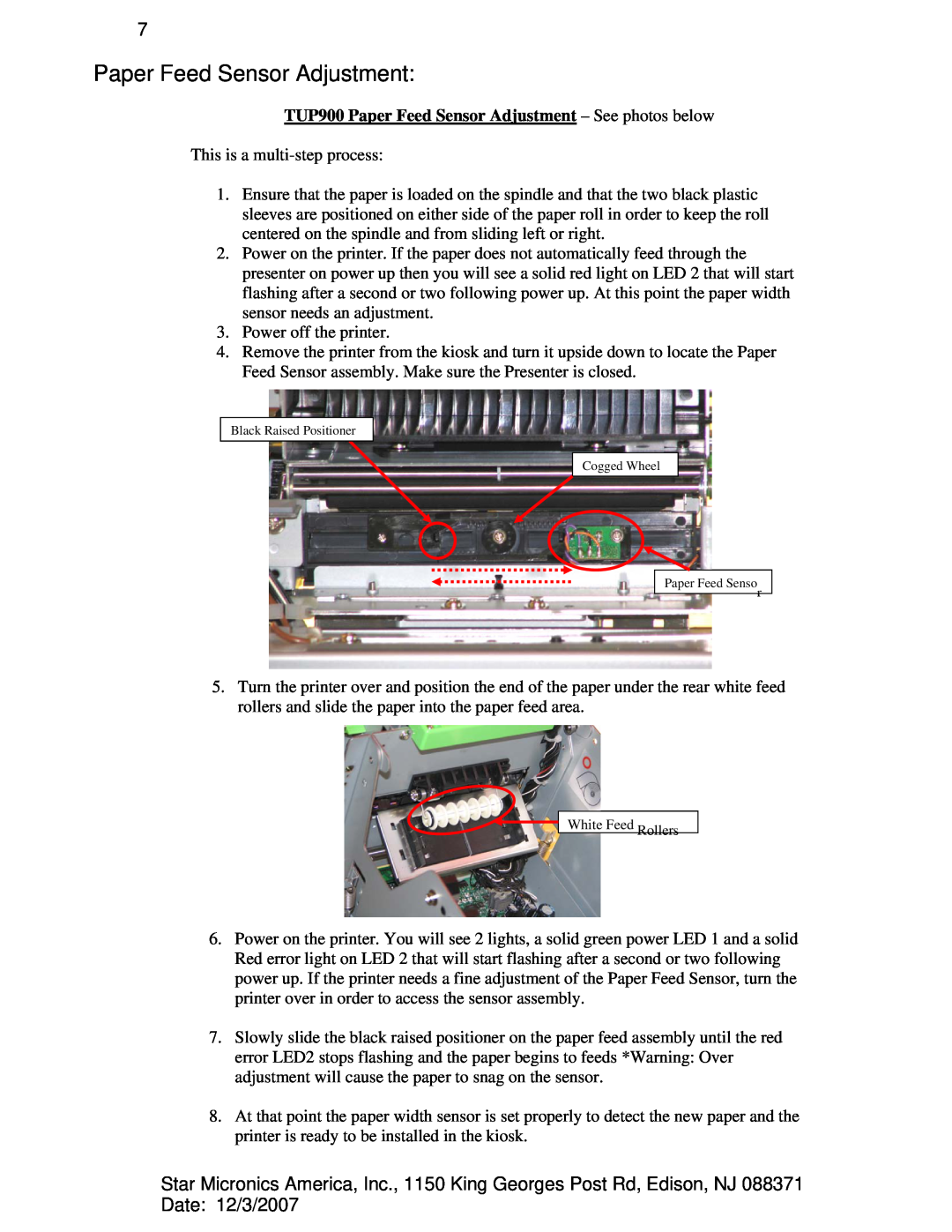 Star Micronics TUP992, TUP942 manual TUP900 Paper Feed Sensor Adjustment - See photos below 