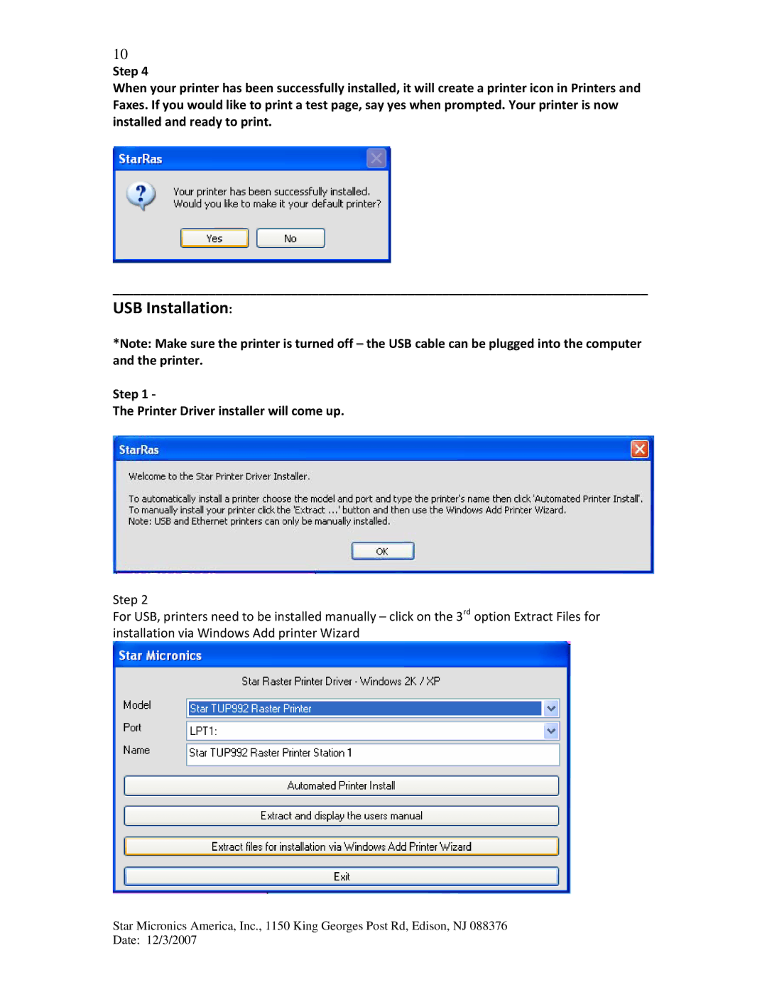 Star Micronics TUP942, TUP992 manual USB Installation, Printer Driver installer will come up 