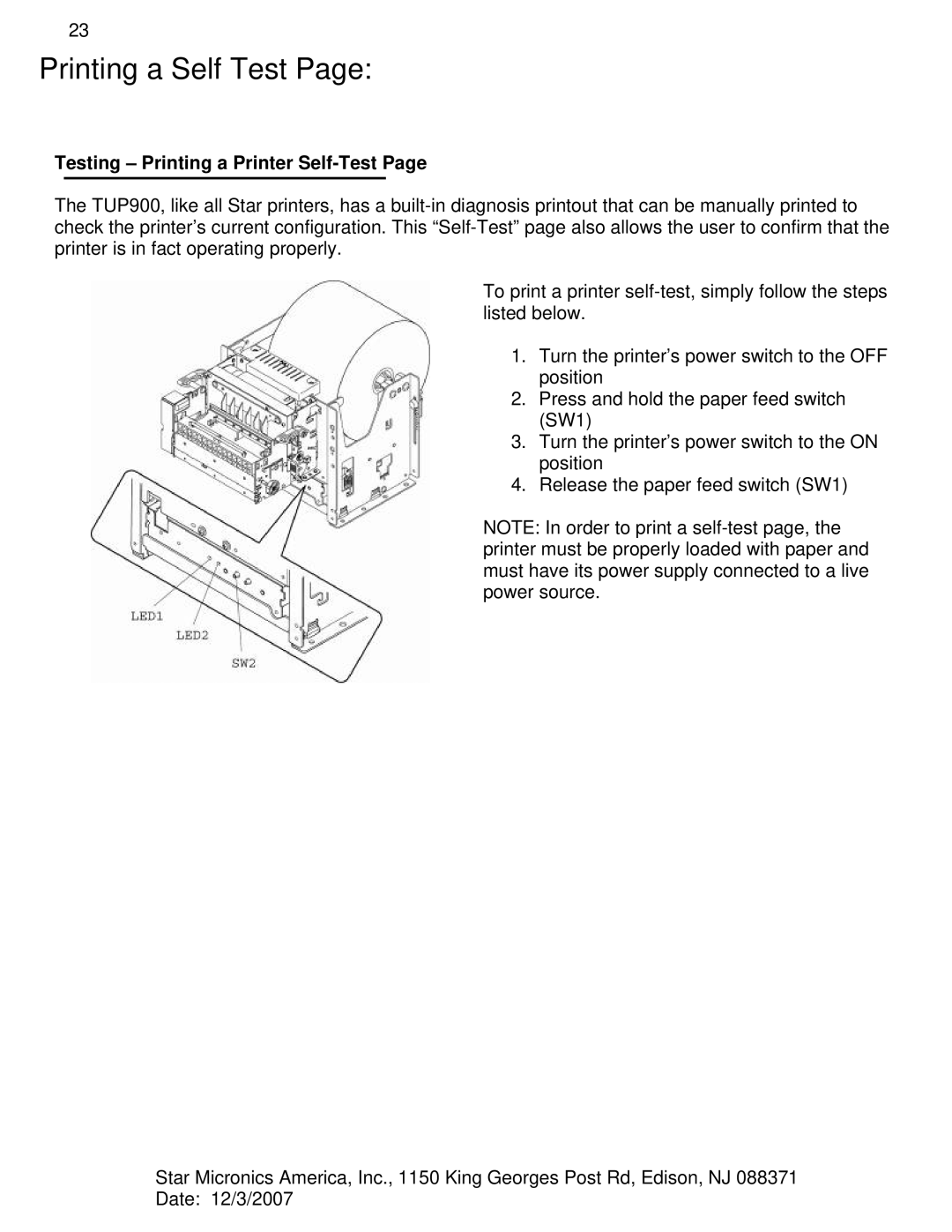 Star Micronics TUP992, TUP942 manual Printing a Self Test 