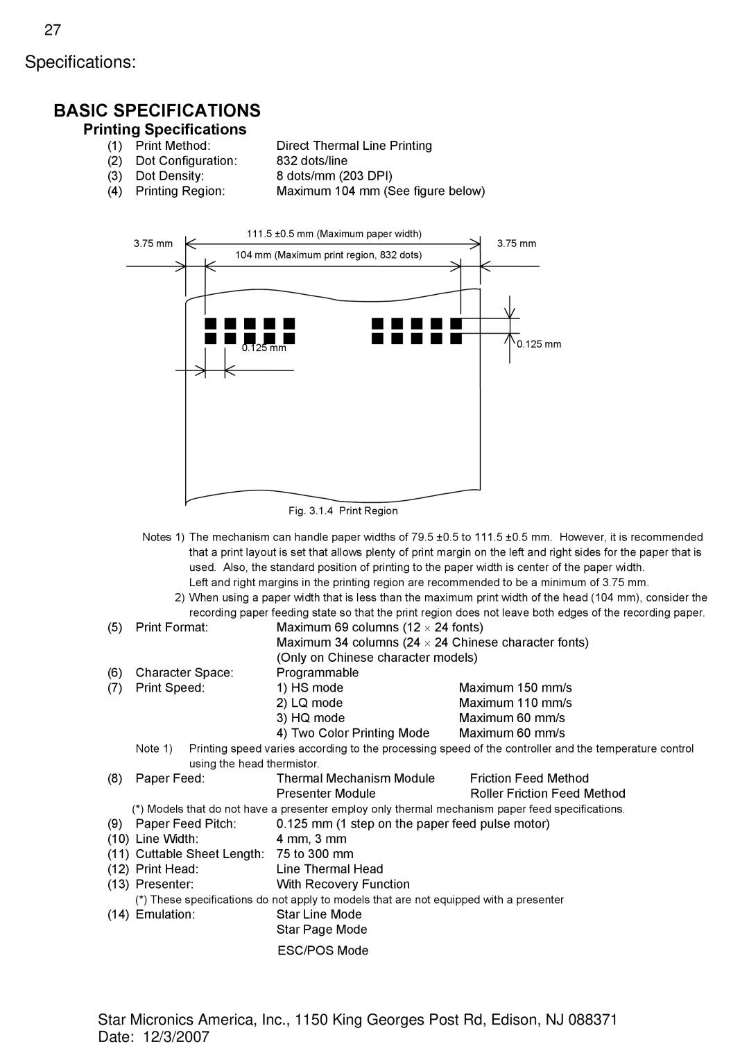 Star Micronics TUP992, TUP942 manual Basic Specifications 