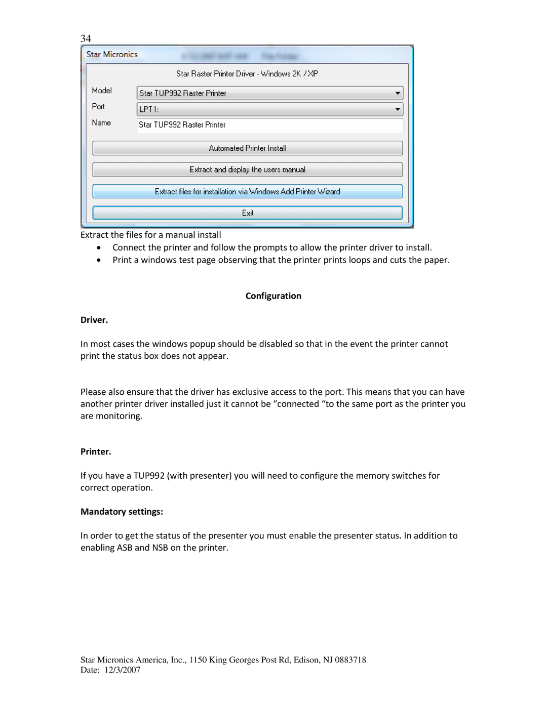 Star Micronics TUP942, TUP992 manual Configuration Driver, Printer, Mandatory settings 