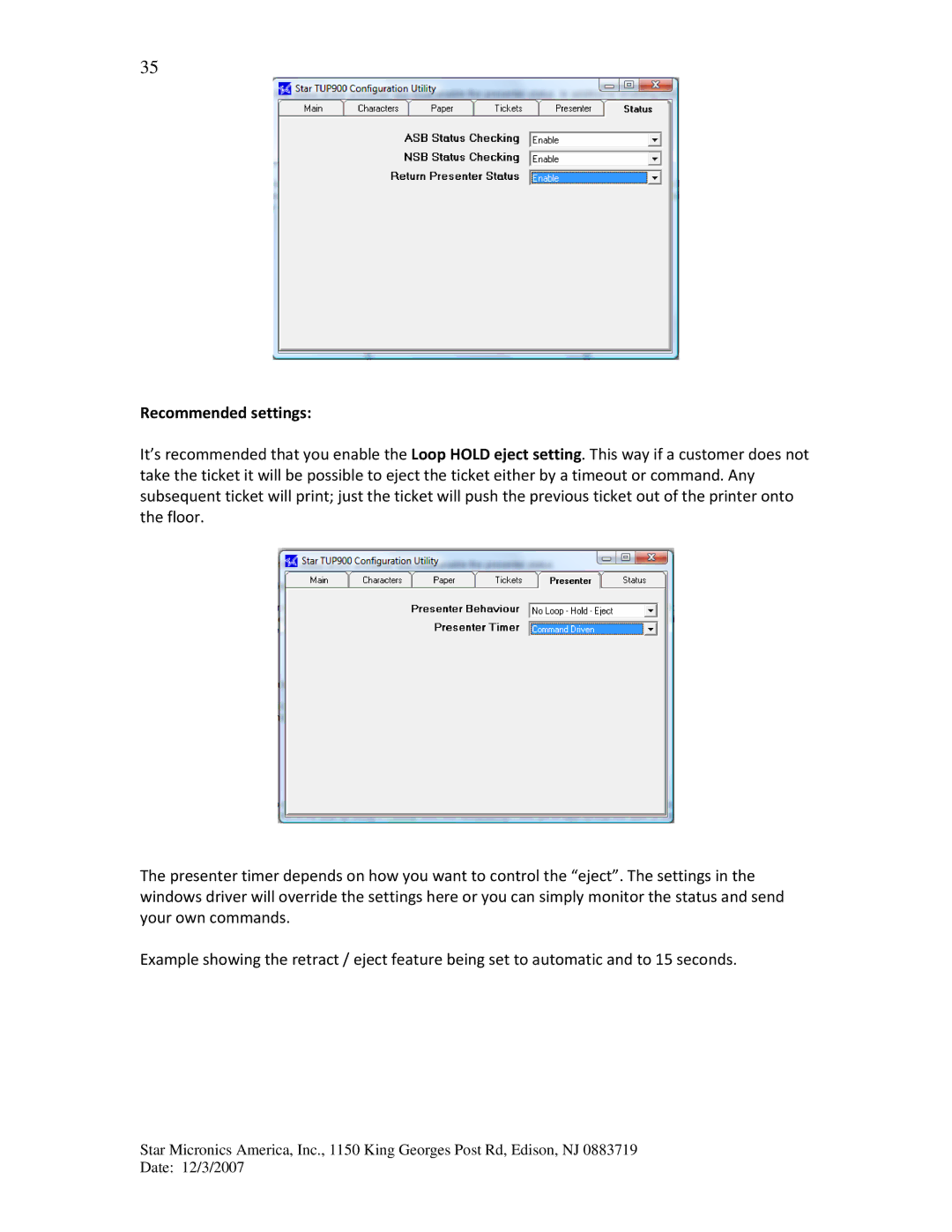 Star Micronics TUP992, TUP942 manual Recommended settings 