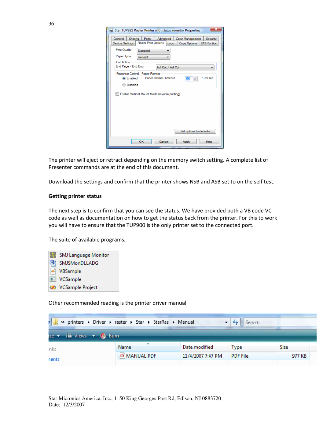 Star Micronics TUP942, TUP992 manual Getting printer status 