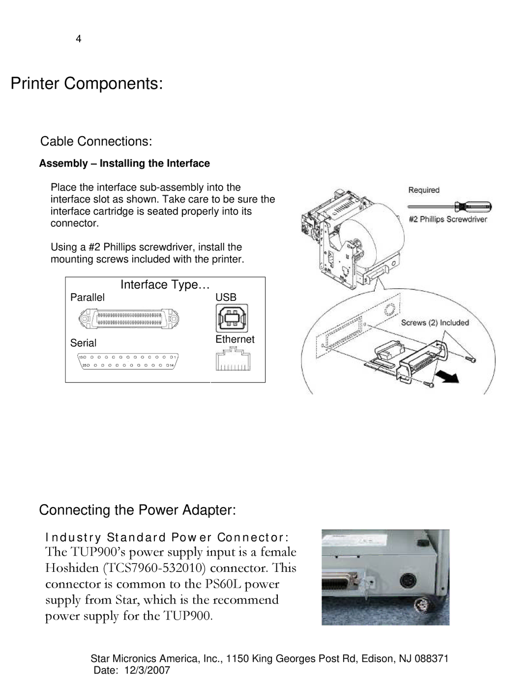 Star Micronics TUP942, TUP992 manual Printer Components 