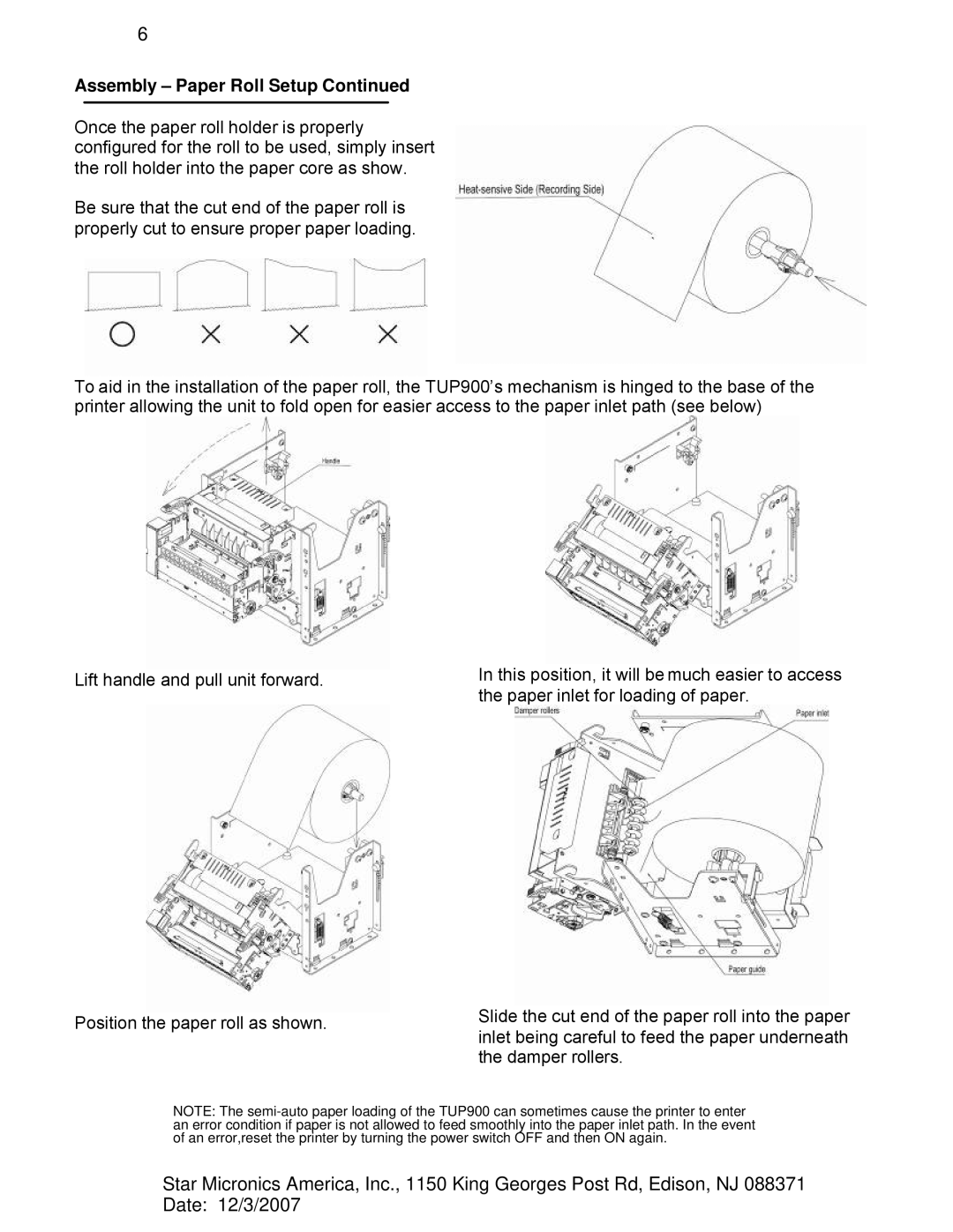 Star Micronics TUP942, TUP992 manual Assembly Paper Roll Setup 