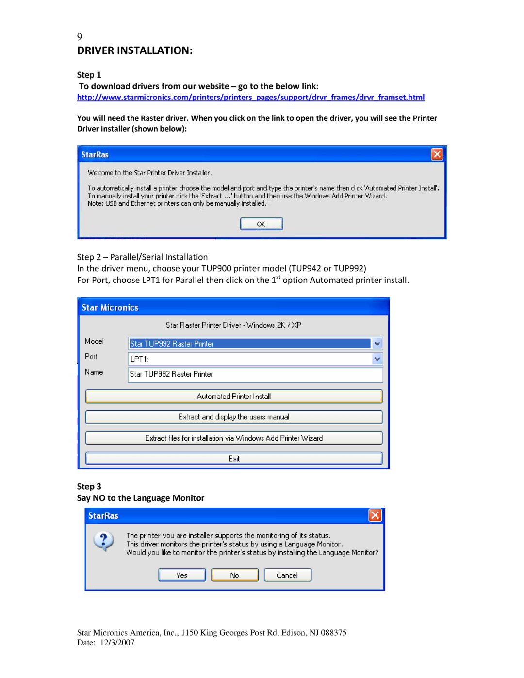 Star Micronics TUP992, TUP942 manual Driver Installation, Step Say no to the Language Monitor 