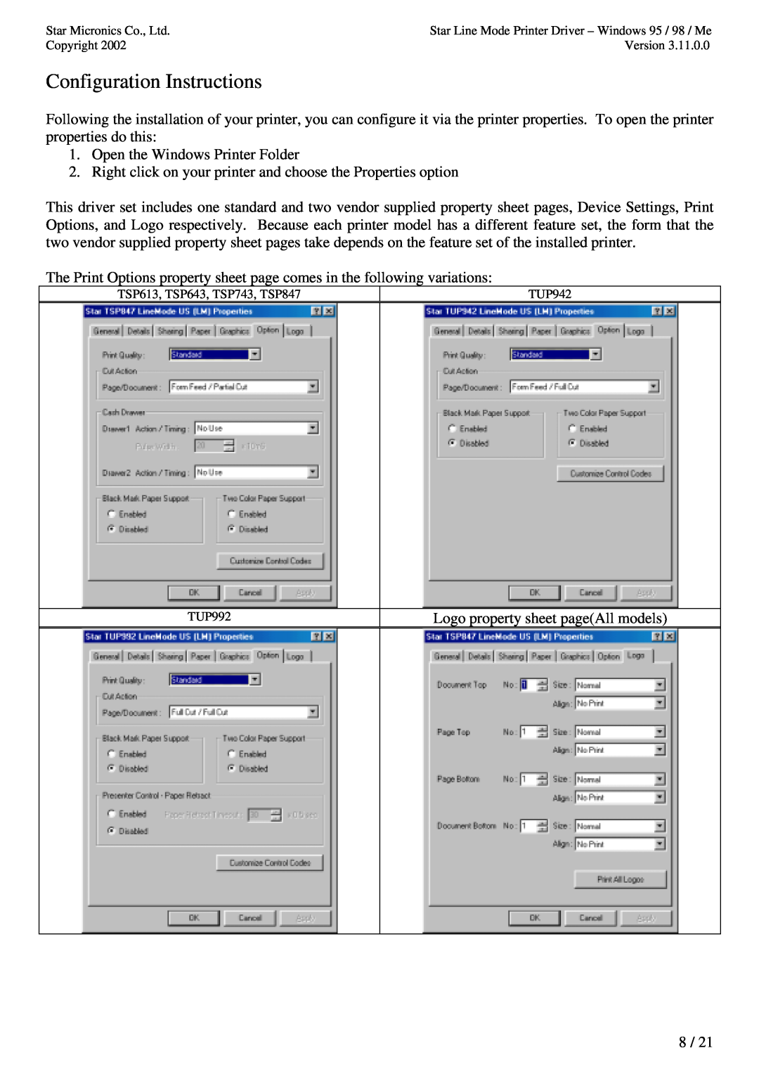 Star Micronics TUP992 user manual Configuration Instructions 