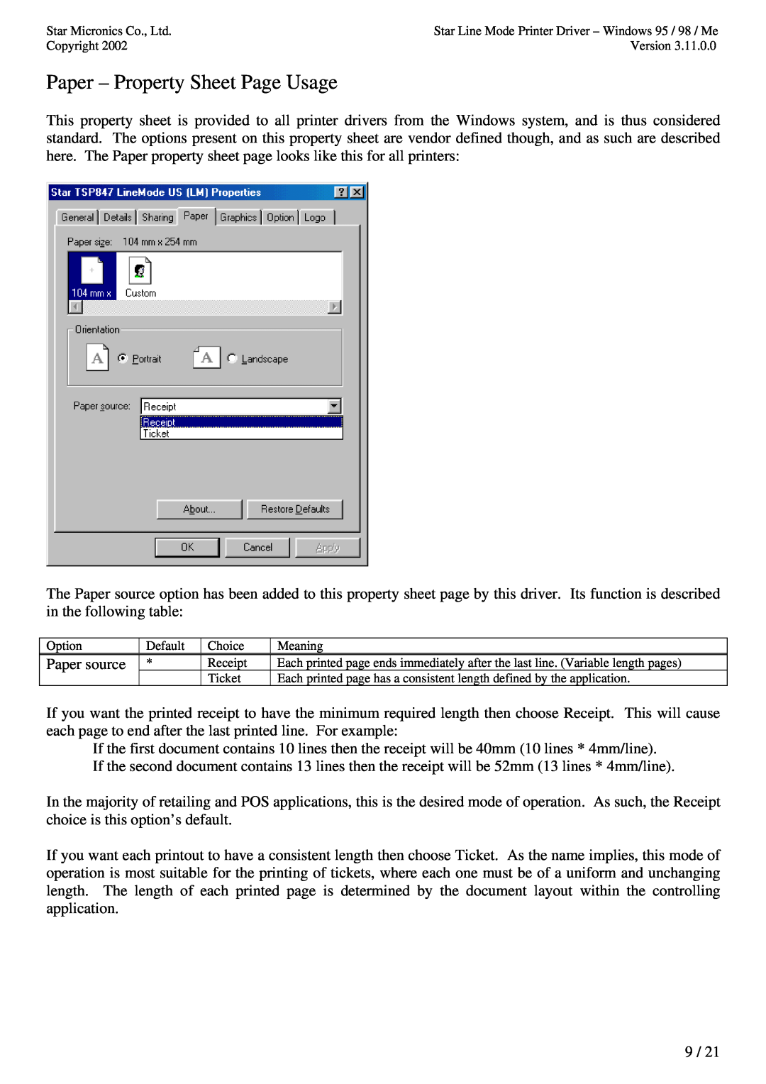 Star Micronics TUP992 user manual Paper - Property Sheet Page Usage 
