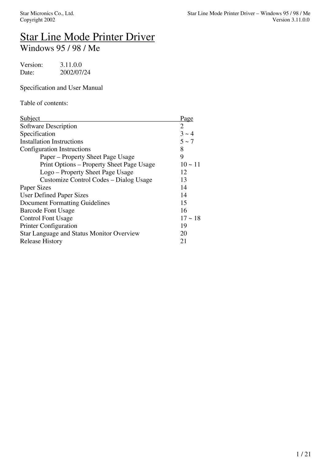 Star Micronics TUP992 user manual Star Line Mode Printer Driver, Windows 95 / 98 / Me 