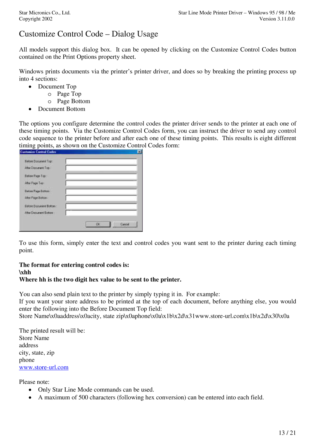 Star Micronics TUP992 user manual Customize Control Code Dialog Usage 