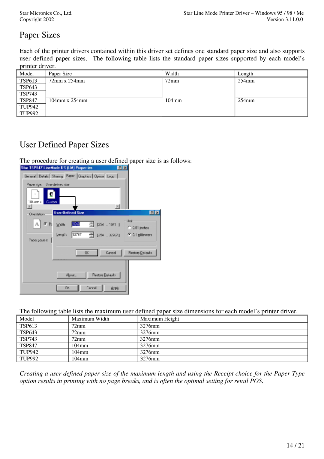 Star Micronics TUP992 user manual User Defined Paper Sizes 