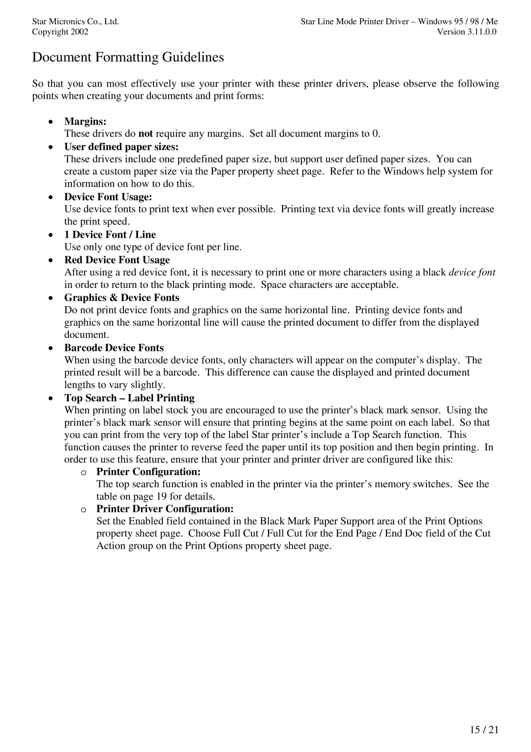 Star Micronics TUP992 user manual Document Formatting Guidelines, Use only one type of device font per line 