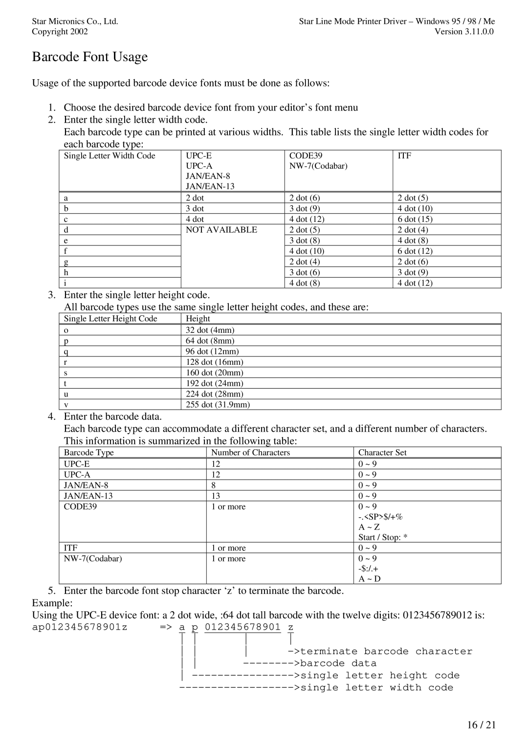 Star Micronics TUP992 user manual Barcode Font Usage 