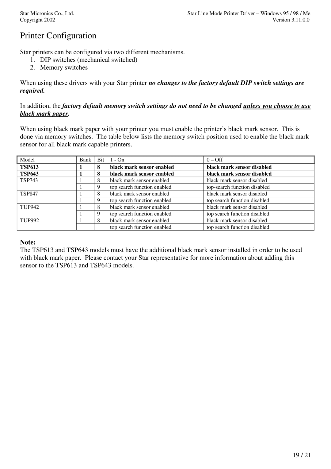 Star Micronics TUP992 user manual Printer Configuration 