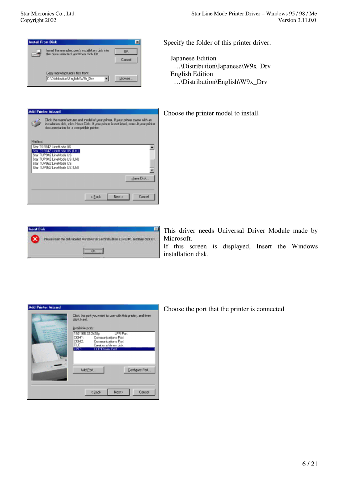 Star Micronics TUP992 user manual Star Line Mode Printer Driver Windows 95 / 98 / Me 