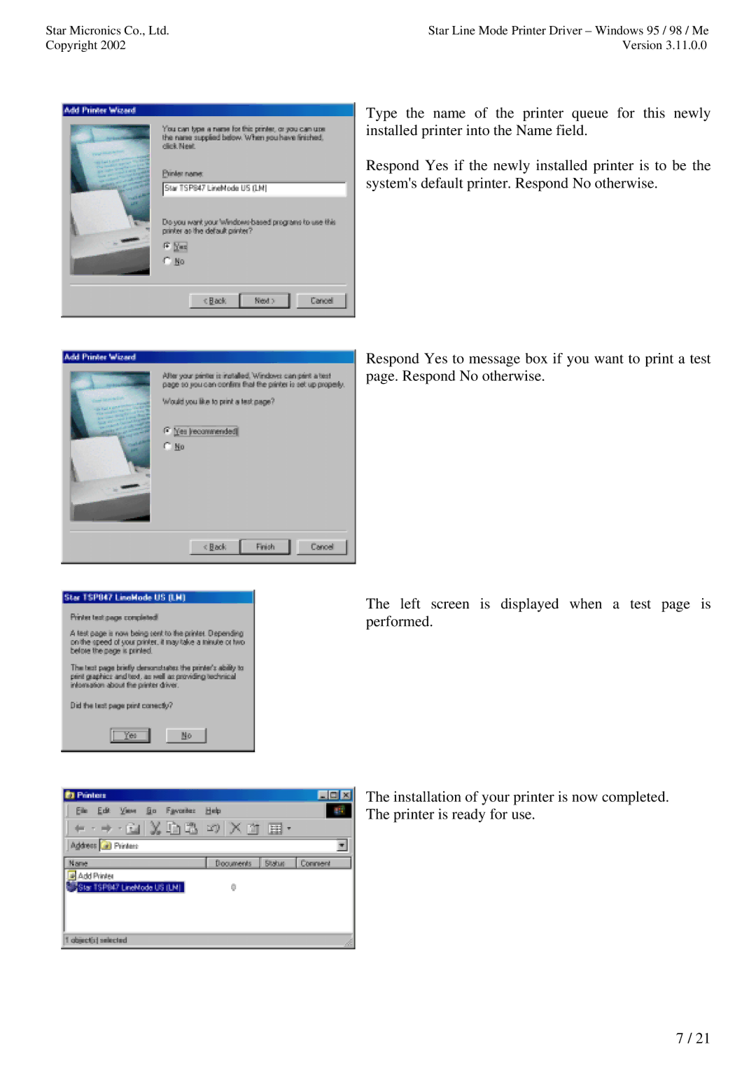 Star Micronics TUP992 user manual Star Line Mode Printer Driver Windows 95 / 98 / Me 