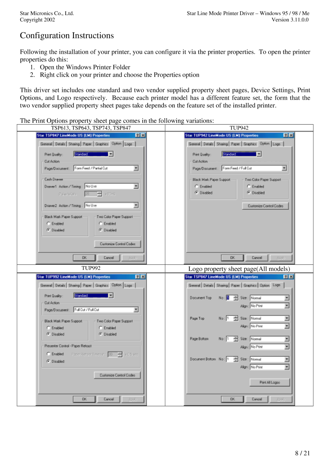 Star Micronics TUP992 user manual Configuration Instructions, Logo property sheet pageAll models 