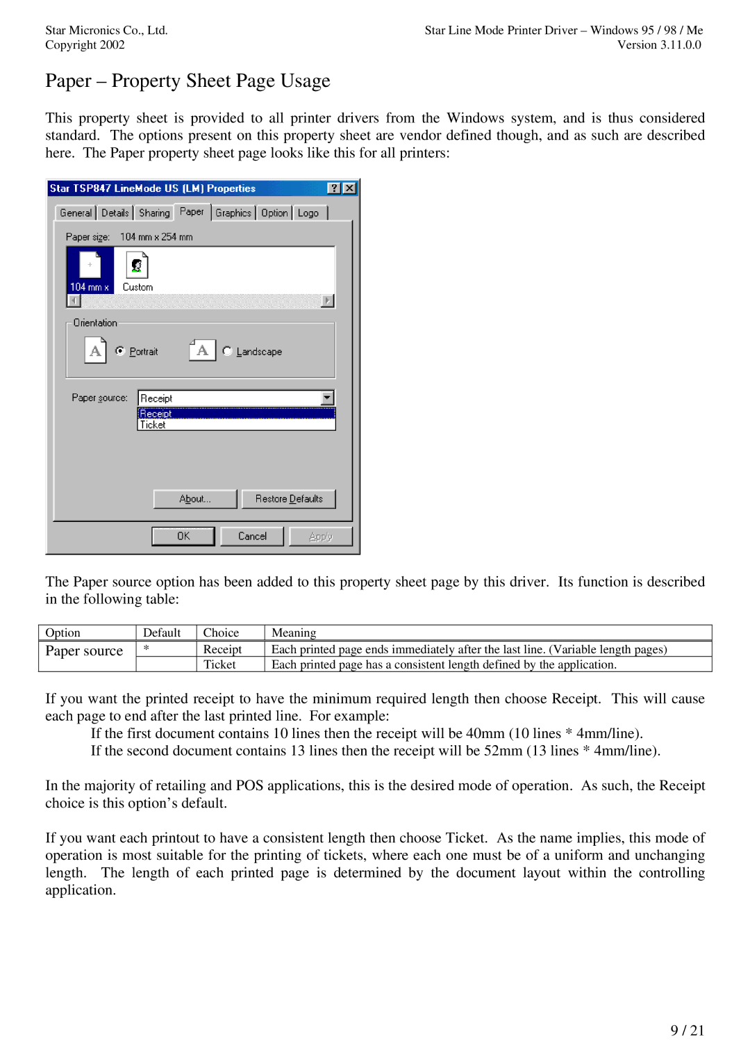 Star Micronics TUP992 user manual Paper Property Sheet Page Usage, Paper source 