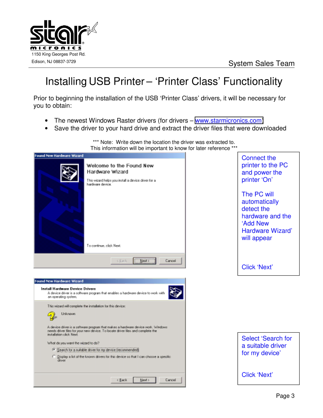 Star Micronics manual Installing USB Printer ‘Printer Class’ Functionality 