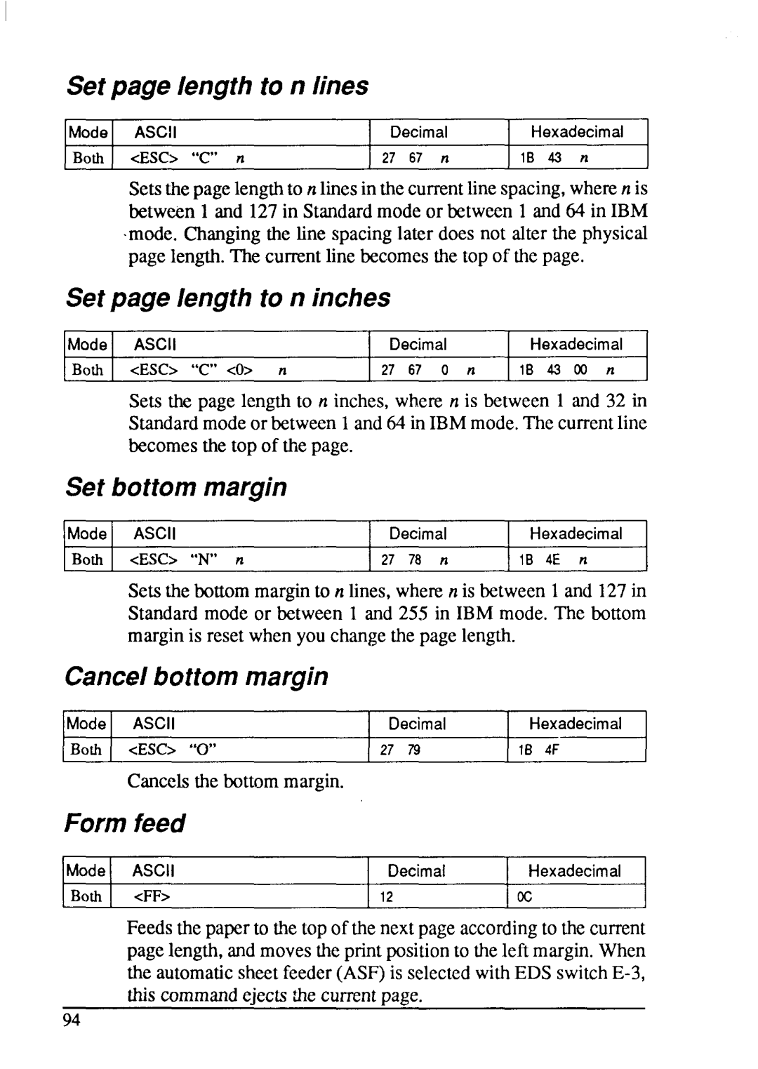 Star Micronics XB-2425, XB-2420 Setpage length ton lines, Setpage length ton inches, Set bottommargin, Cancelbottommargin 