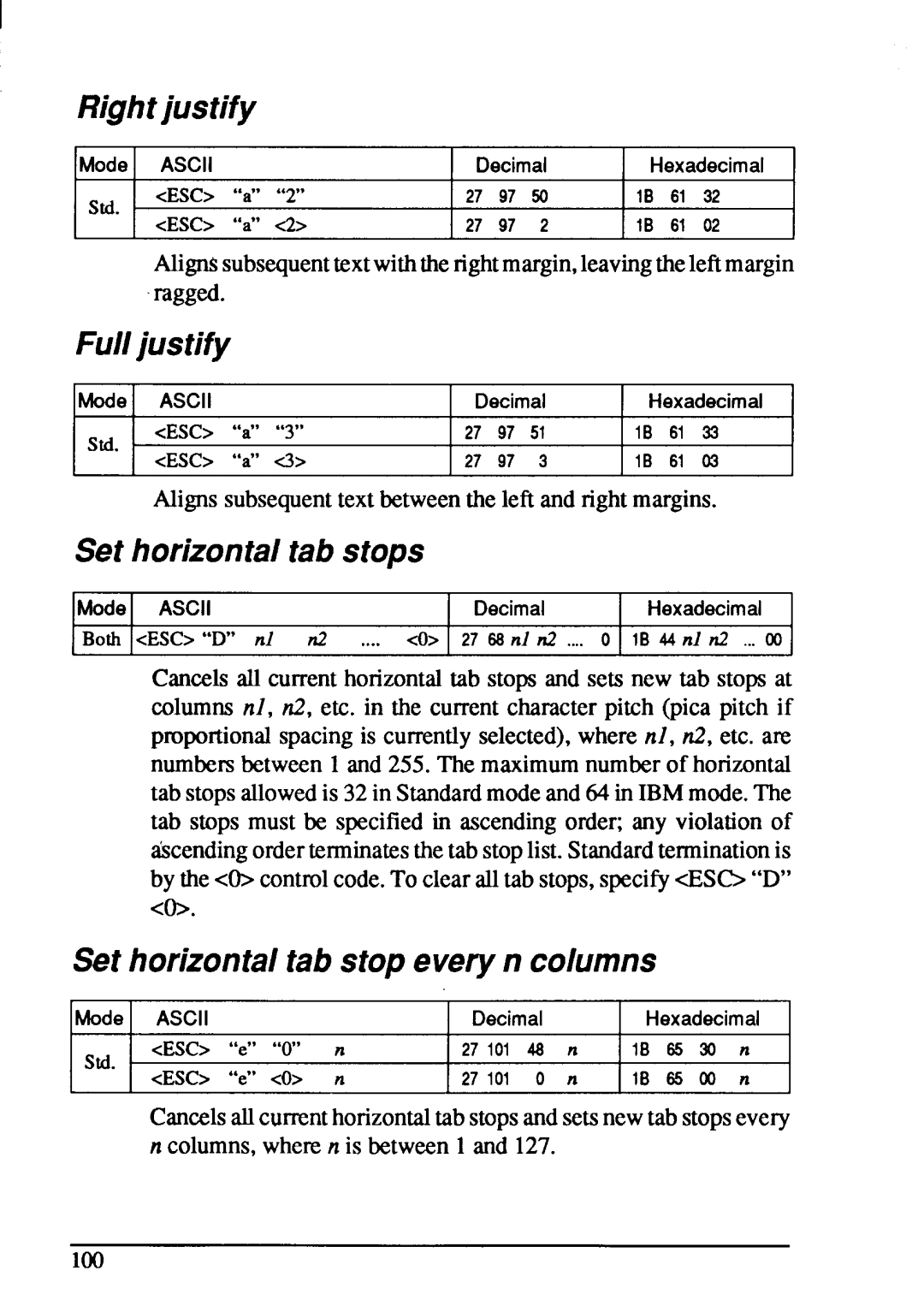 Star Micronics XB-2425, XB-2420 Rightjustify, Fulljustify, Set horizontaltab stops, Set horizontaltab stop every n columns 