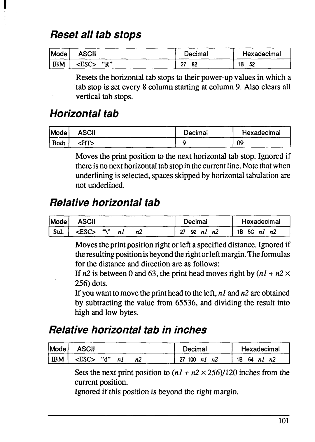 Star Micronics XB-2420, XB-2425 user manual Resetall tab stops, Horizontaltab, Relativehorizontaltab in inches 