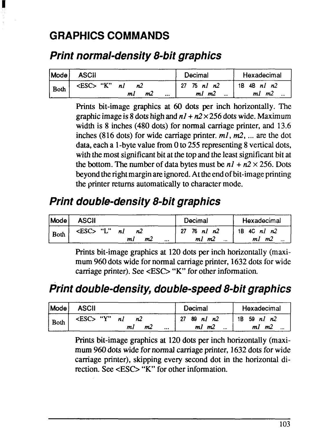 Star Micronics XB-2420, XB-2425 Graphicscommands, Print normal-density8-bitgraphics, Print double-density8-bitgraphics 