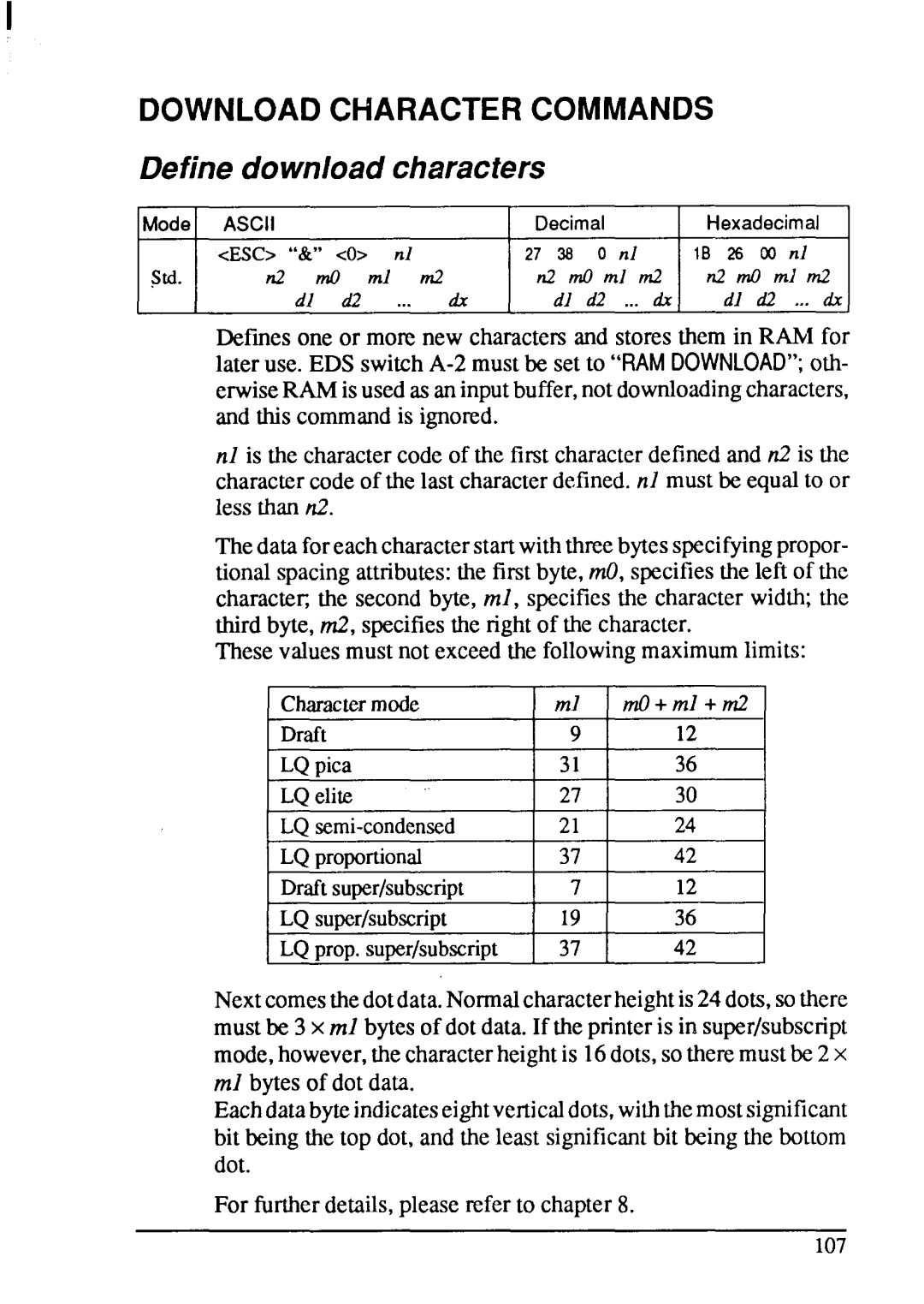 Star Micronics XB-2420, XB-2425 user manual Downloadcharactercommands, Definedownloadcharacters 