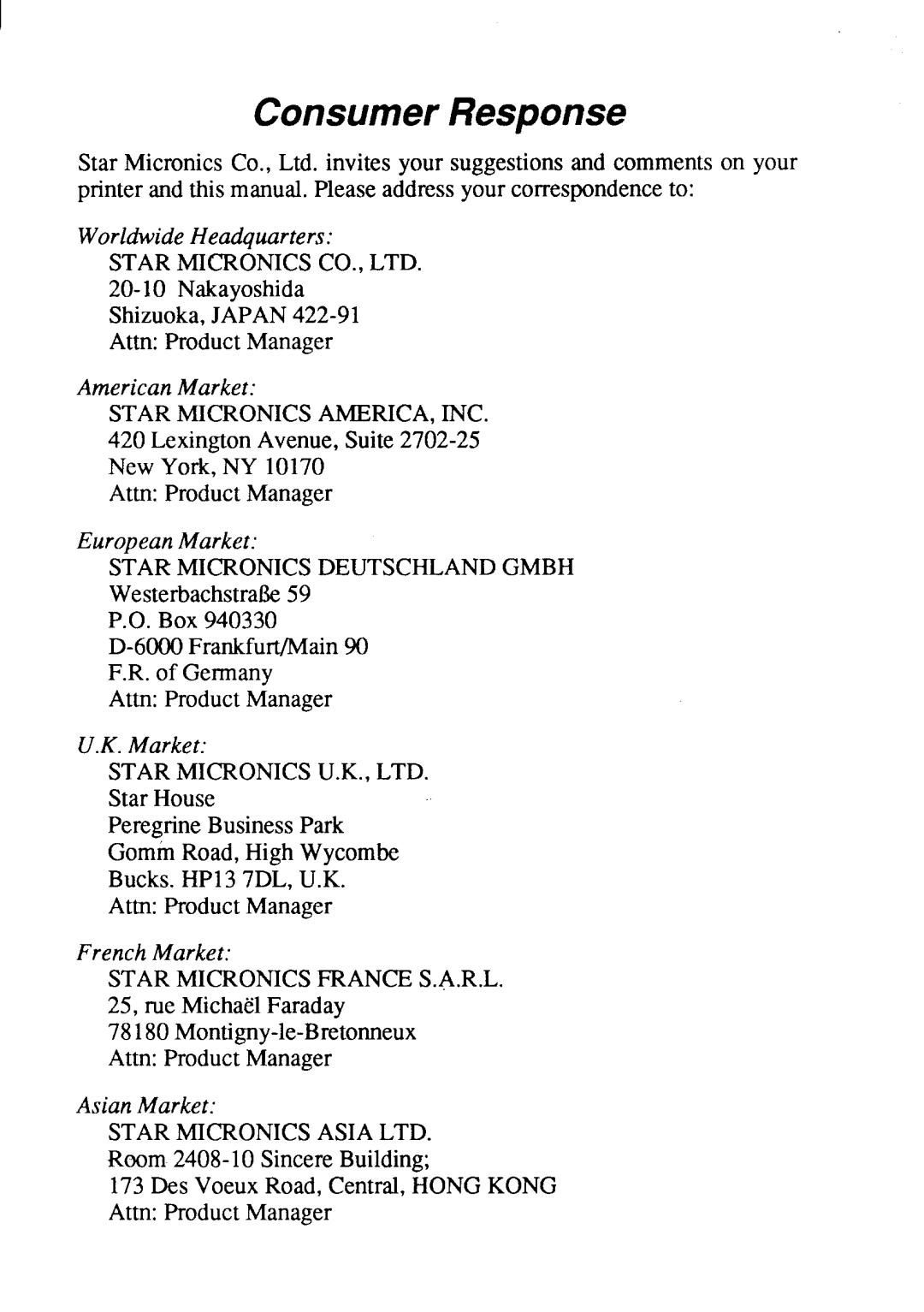 Star Micronics XB-2425, XB-2420 user manual Nakayoshida Shizuoka,JAPAN422-91 AttnProductManager, Starmicronicsamerica,Inc 