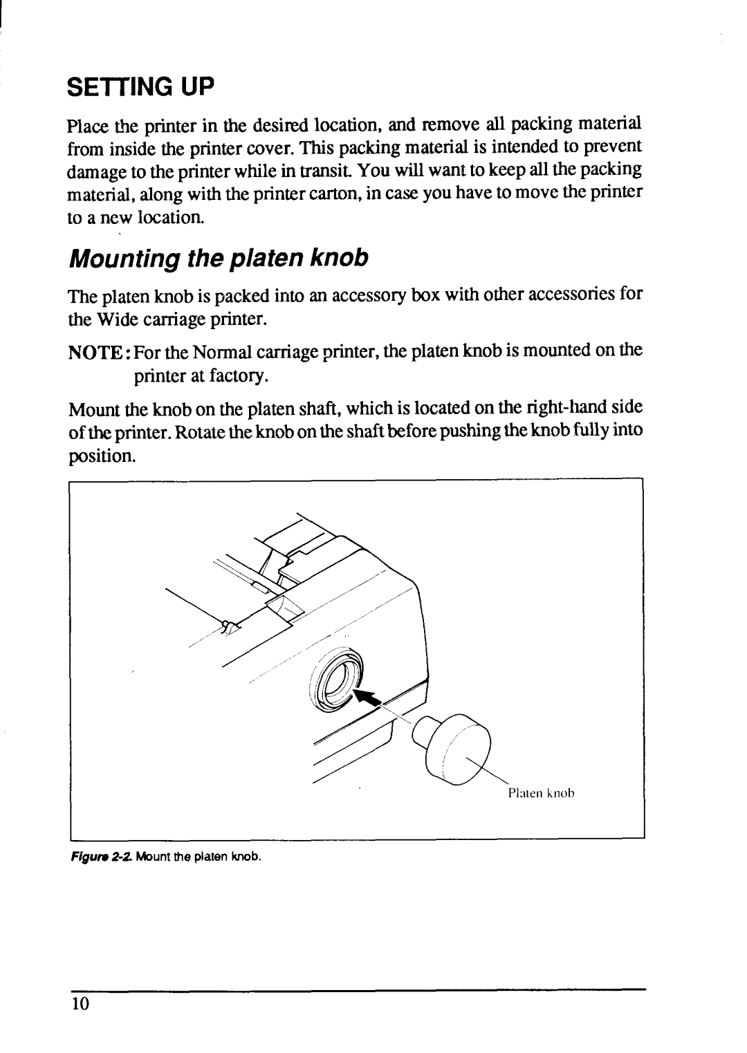 Star Micronics XB-2425, XB-2420 user manual Seiting UP, Mountingtheplaten knob 