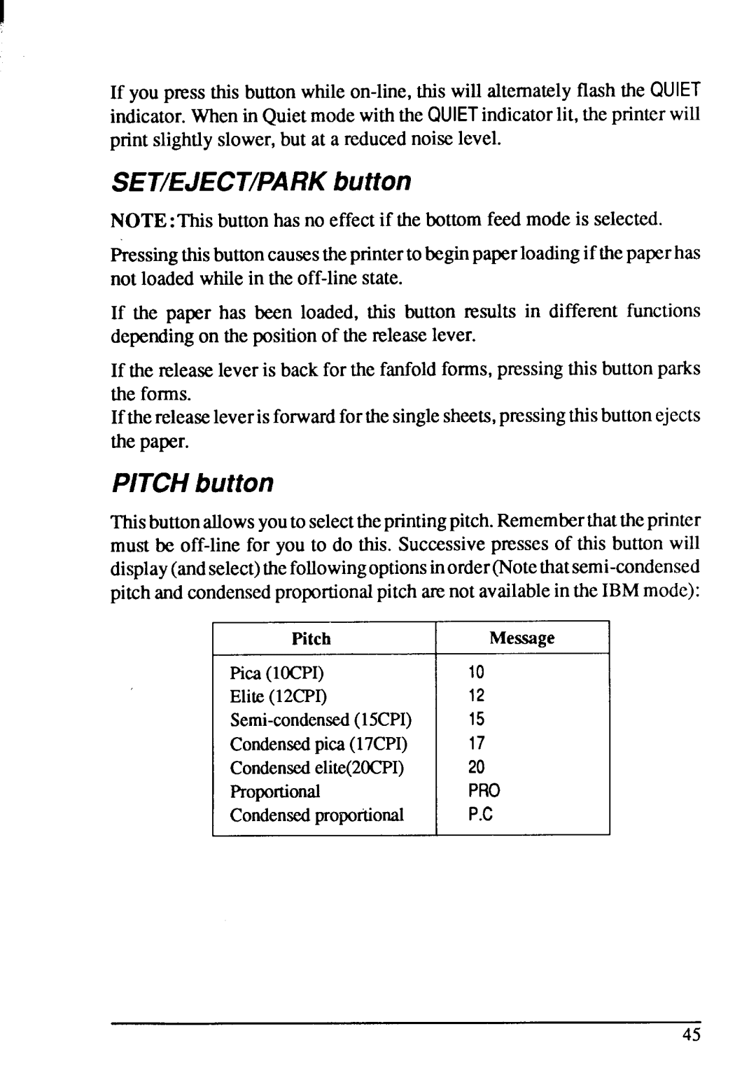 Star Micronics XB-2420, XB-2425 user manual SET/EJECT/PARKbutton, PITCHbutton, Condensedproportional 