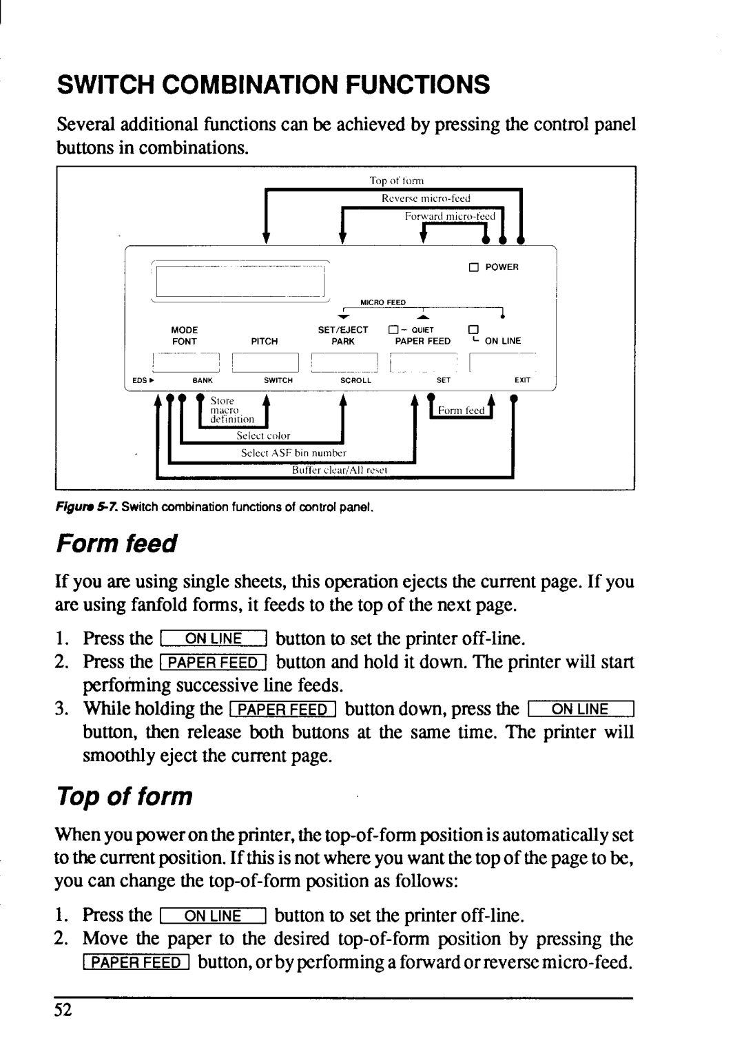 Star Micronics XB-2425, XB-2420 user manual Switchcombinationfunctions, Form feed, Topof form 