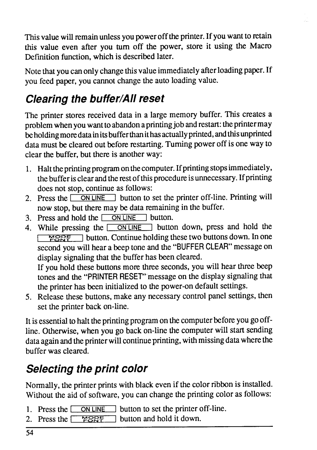 Star Micronics XB-2425, XB-2420 user manual Clearingthe buffer/Allreset, Selectingtheprint color 