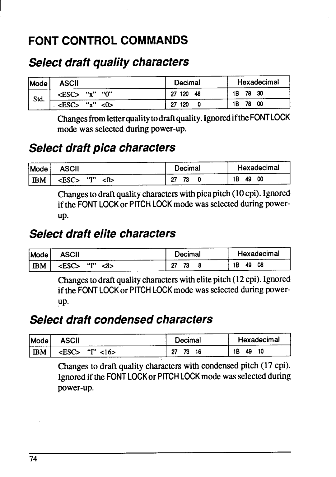 Star Micronics XB-2425, XB-2420 user manual Fontcontrolcommands, Select draft qualitycharacters, Select drattpica characters 