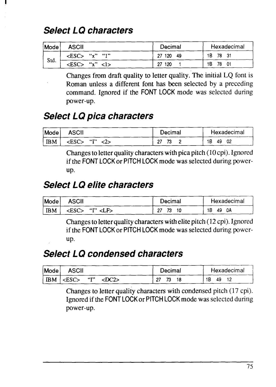 Star Micronics XB-2420, XB-2425 user manual Select LQ characters, Select LQpica characters, Select LQ elite characters 