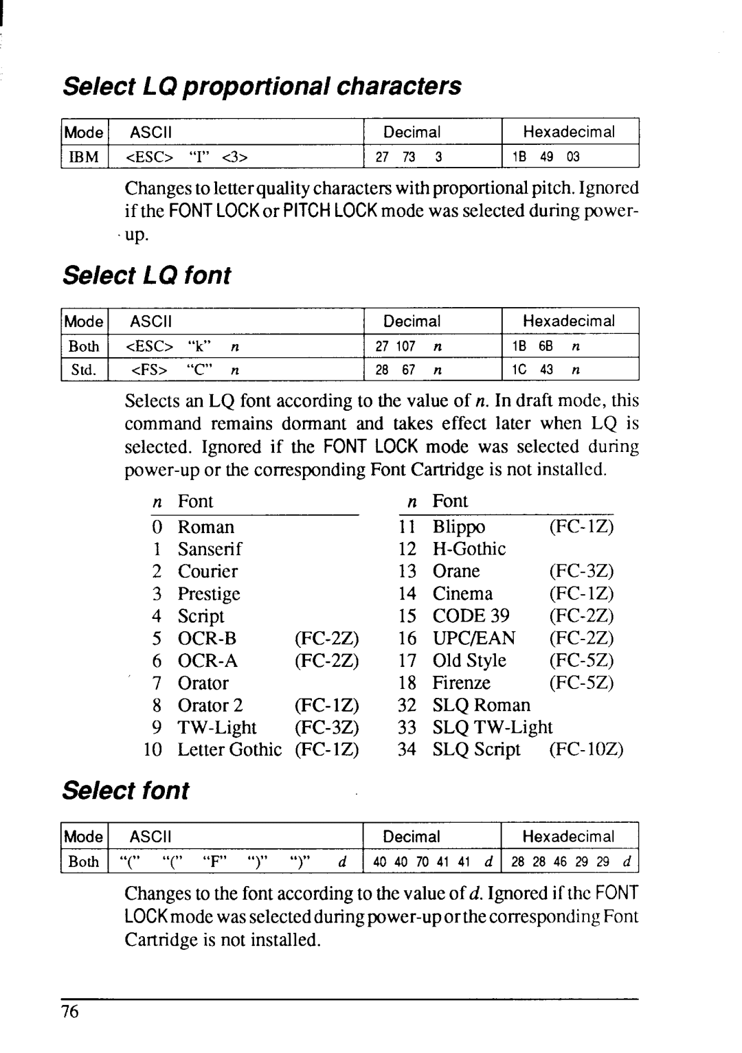 Star Micronics XB-2425, XB-2420 user manual Select LQproportionalcharacters, Select LQ font, Select font, CODE39 