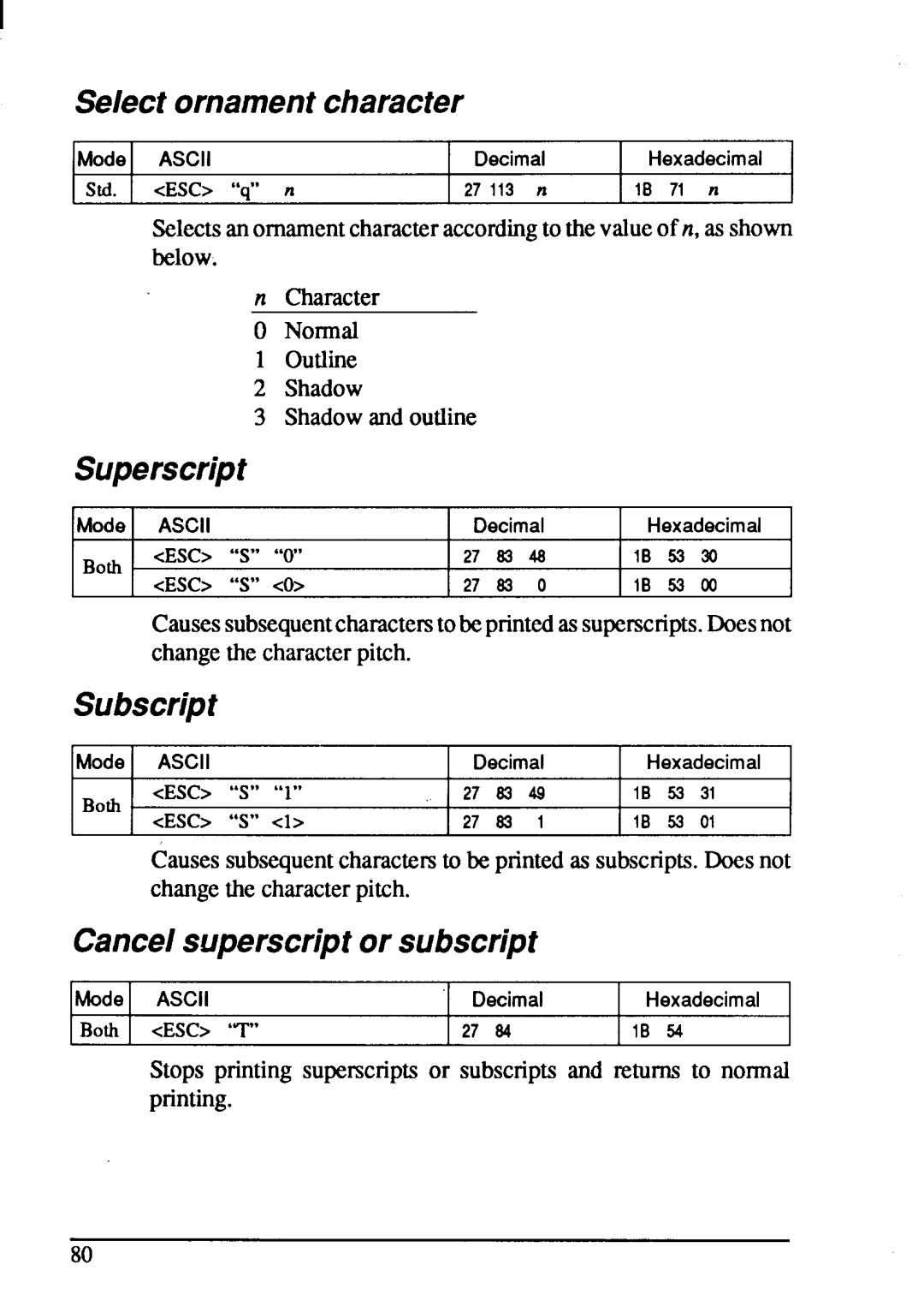 Star Micronics XB-2425, XB-2420 user manual Select ornamentcharacter, Superscript, Subscript, Cancelsuperscriptor subscript 