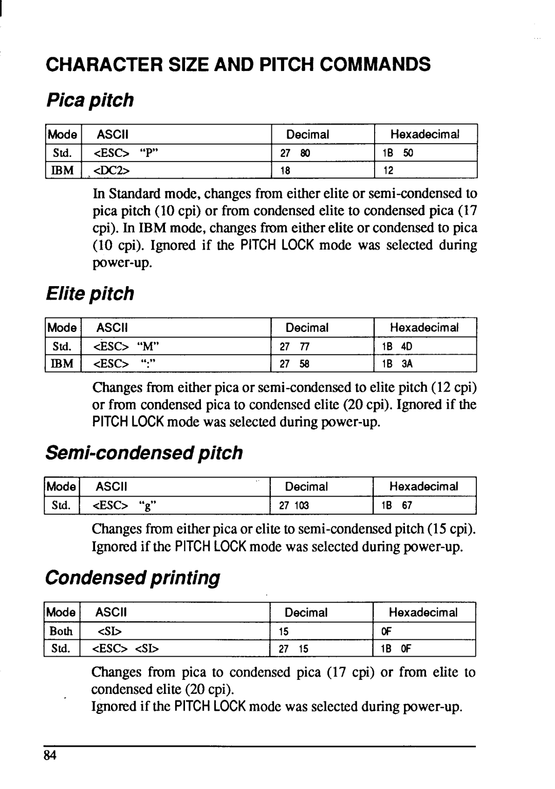 Star Micronics XB-2425, XB-2420 Charactersizeand Pitch, Picapitch, Elitepitch, Semi-condensedpitch, Condensedprinting 