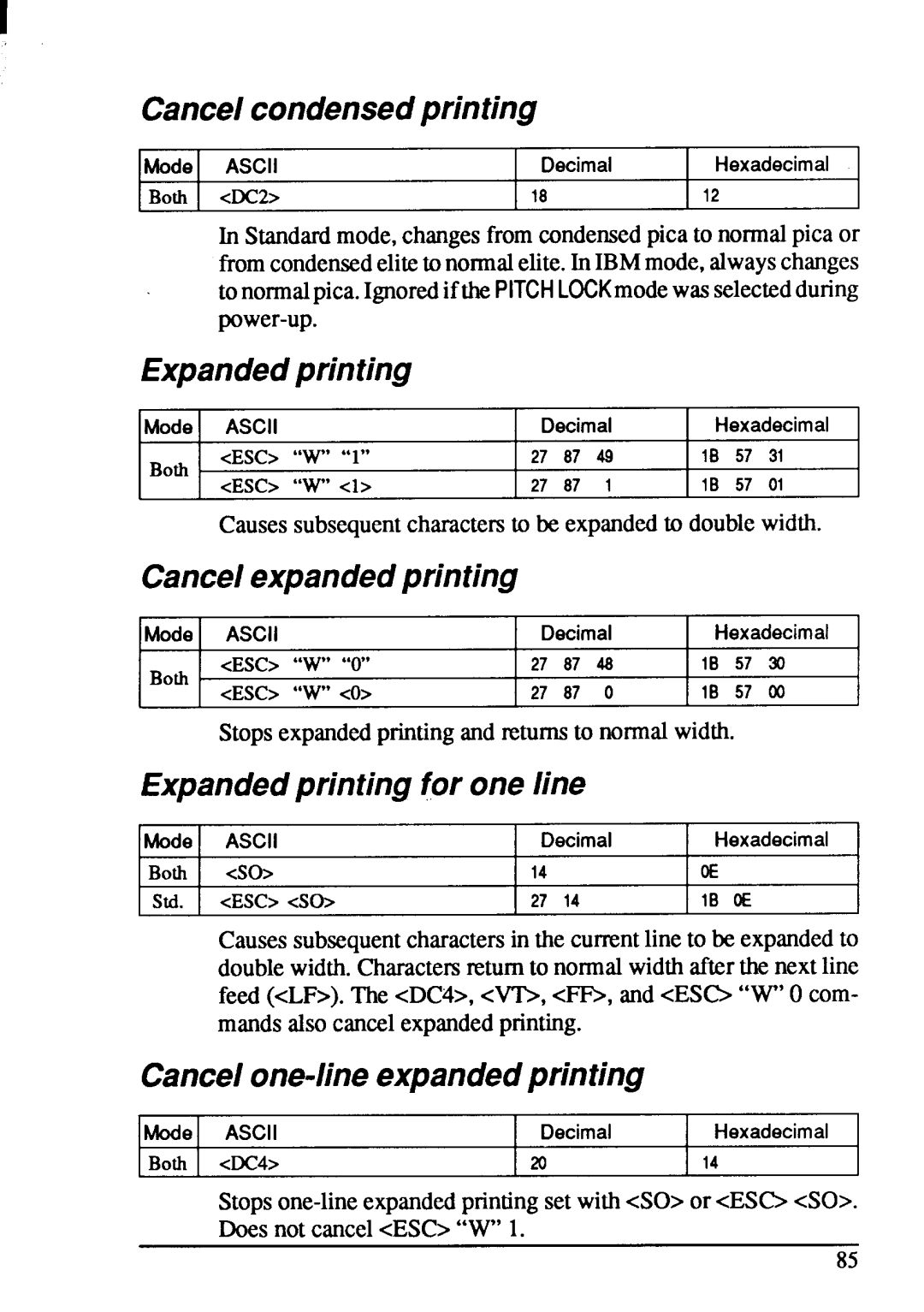 Star Micronics XB-2420, XB-2425 Cancelcondensedprinting, Cancelexpandedprinting, Expandedprinting for one /ine 