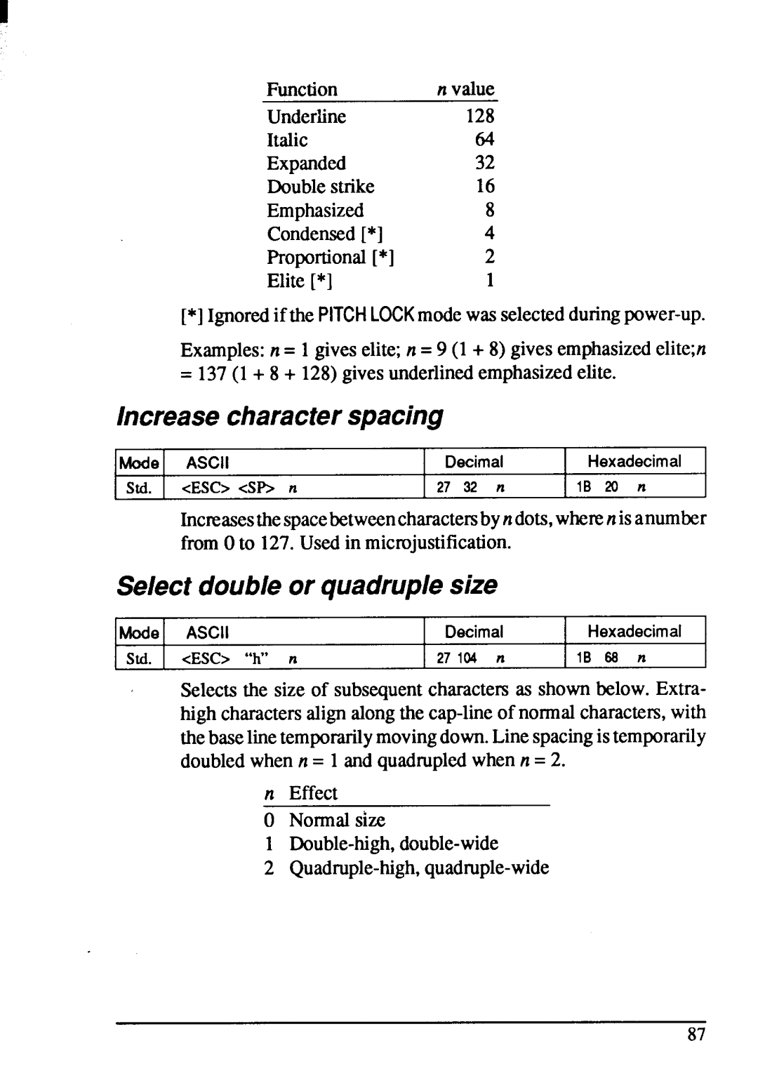 Star Micronics XB-2420, XB-2425 user manual Increasecharacterspacing, Select doubleor quadruplesize 