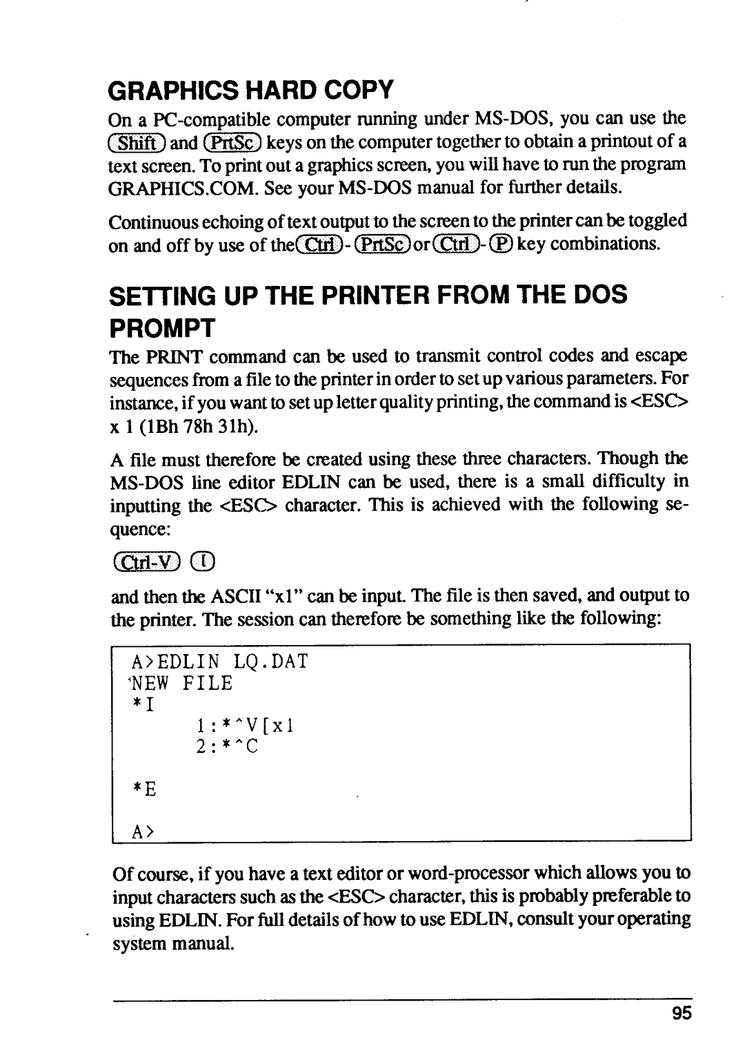 Star Micronics XB24-15, XB24-10 Graphics Hard Copy, Setting Up The Printer From The Dos Prompt, Aedlin Lq.Dat Newfile 