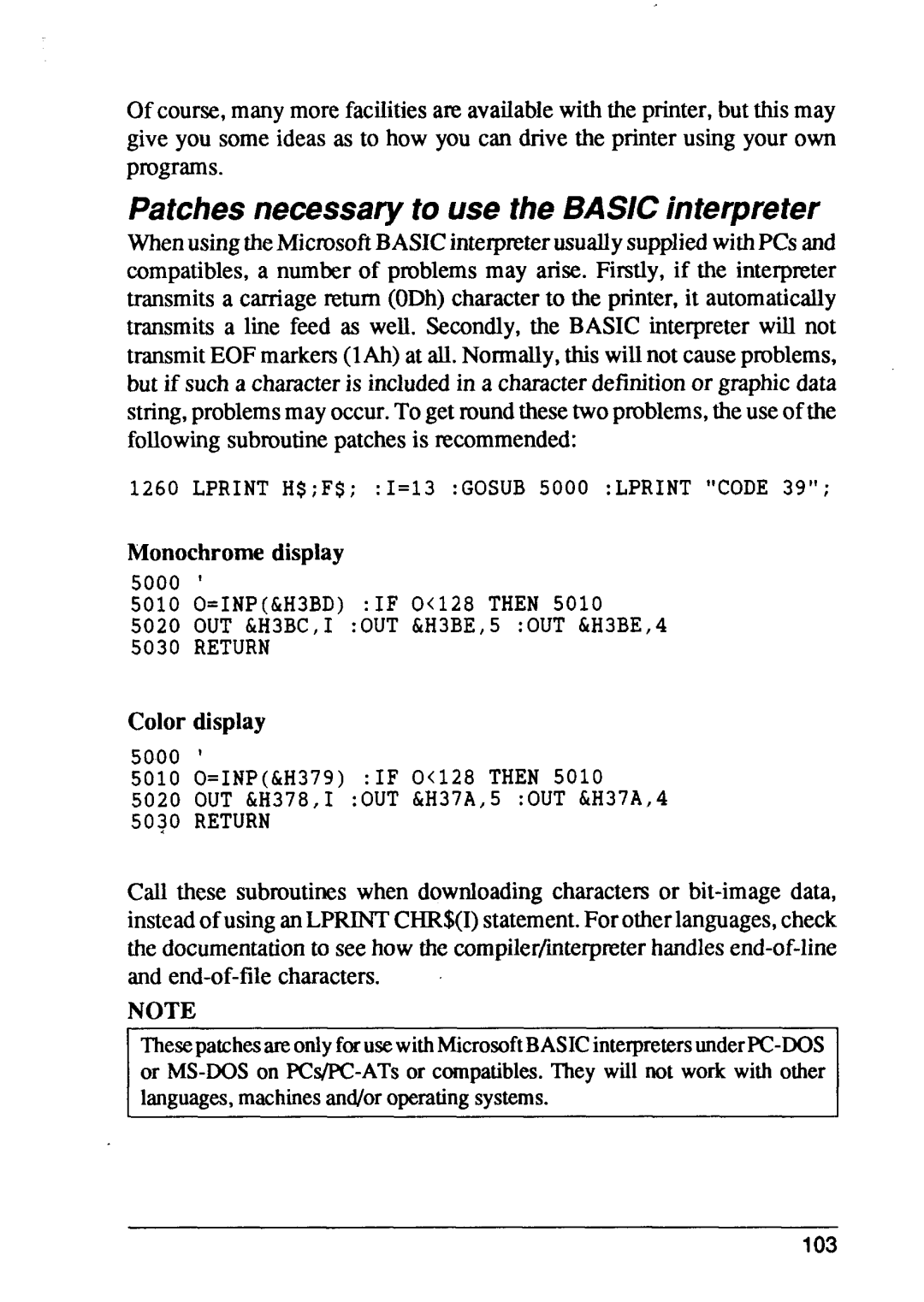 Star Micronics XB24-15, XB24-10 Patches necessary to use the BASIC interpreter, Monochrome display, Color display 