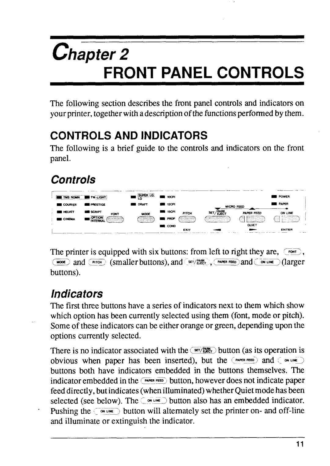 Star Micronics XB24-15, XB24-10 user manual Chapter, Front Panel Controls, Controls And Indicators 