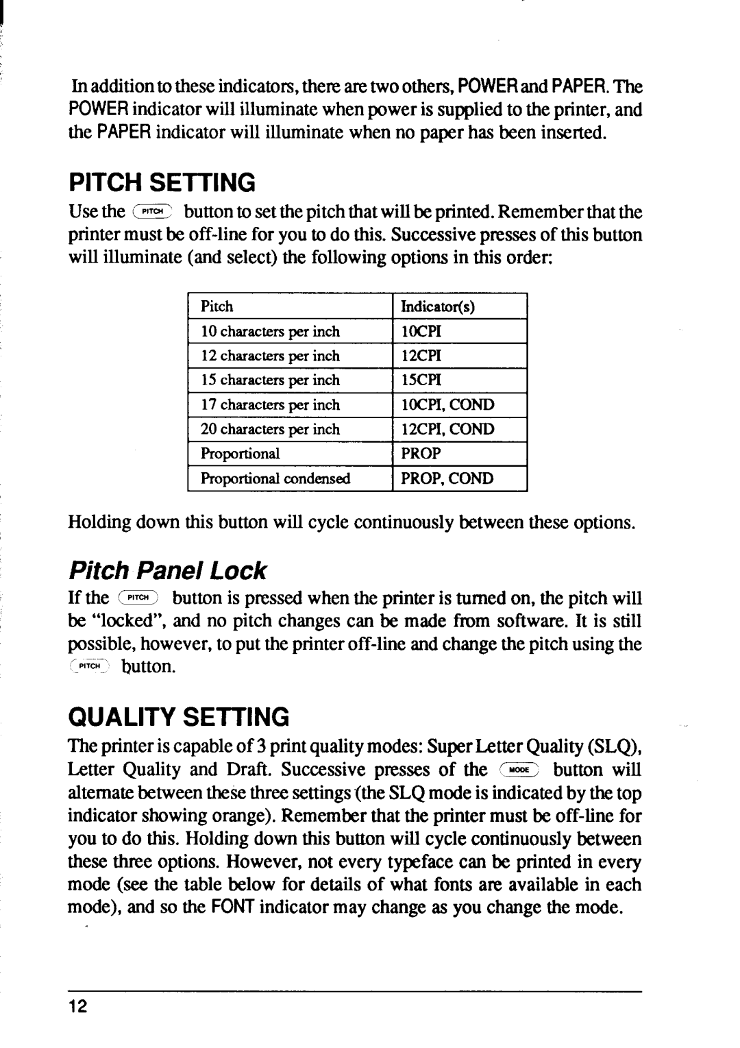 Star Micronics XB24-10, XB24-15 user manual Pitch Setting, Pitch Panel Lock, Quality Setting 