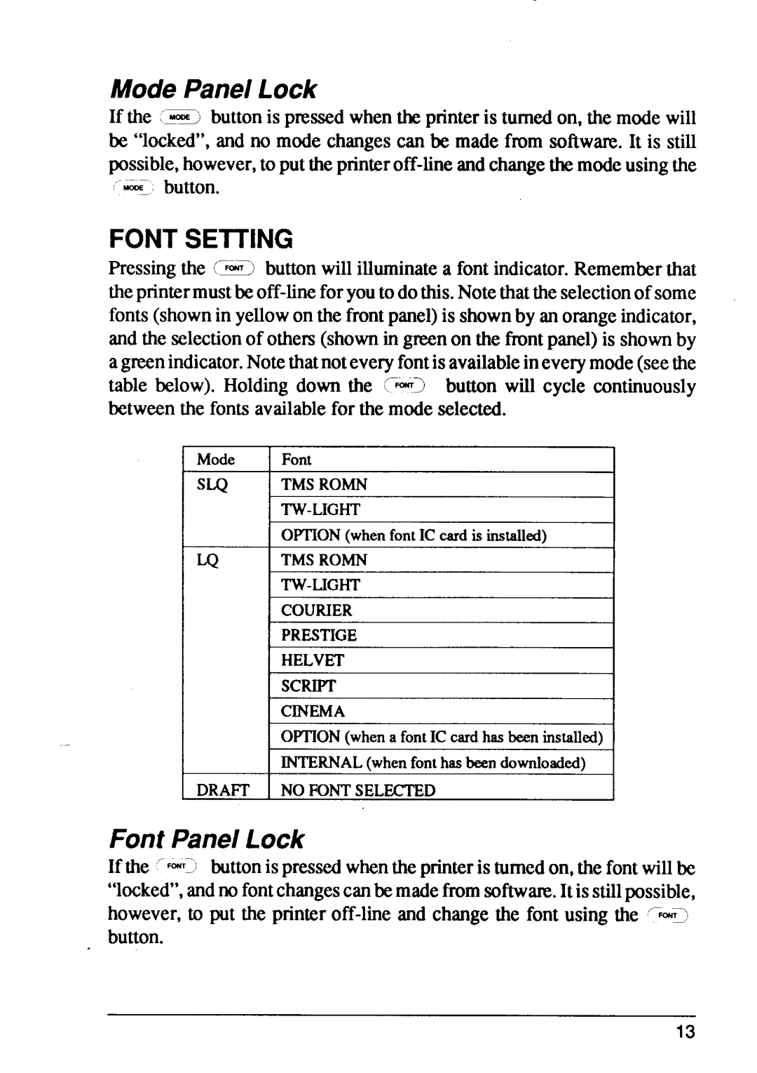 Star Micronics XB24-15, XB24-10 user manual Mode Panel Lock, Font Panel Lock, Font Setting 