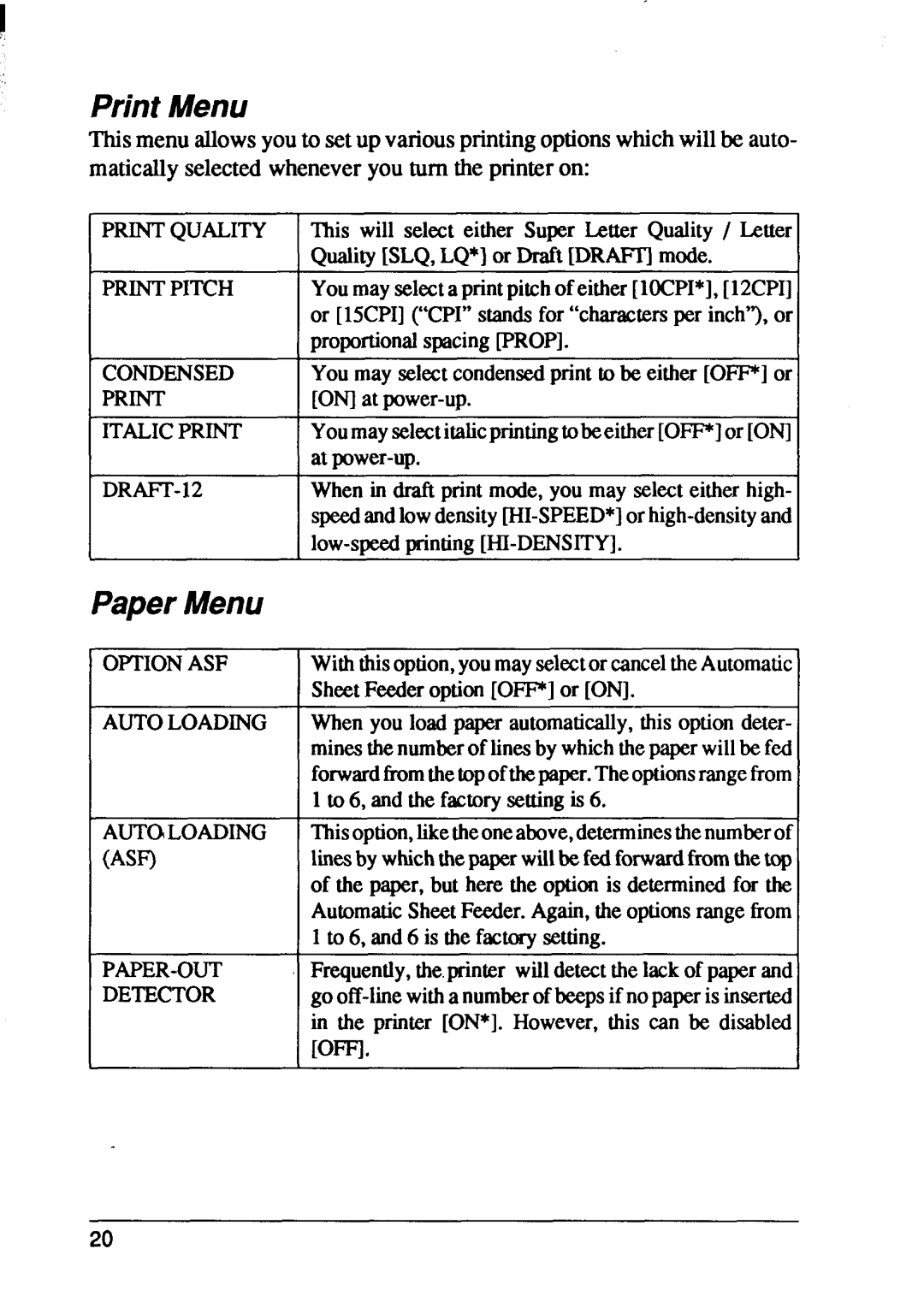Star Micronics XB24-10, XB24-15 user manual Print Menu, Paper Menu 