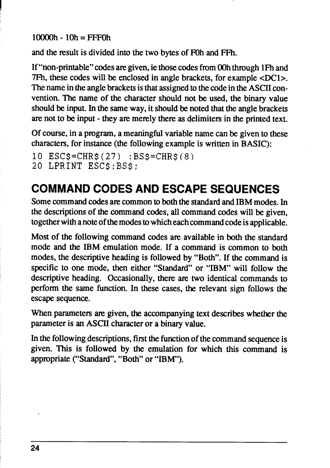 Star Micronics XB24-10, XB24-15 user manual Command Codes And Escape Sequences, 10 ESC$=CHR$27 BS$=CHR$8 20 LPRINT ESC$BS$ 